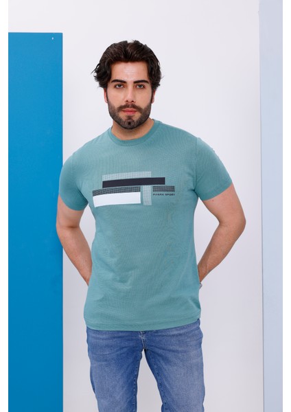 Erkek Yeşil Bisiklet Yaka Baskılı T-Shirt - 170