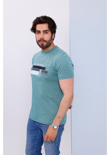 Erkek Yeşil Bisiklet Yaka Baskılı T-Shirt - 170 fiyatları
