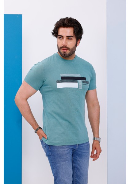 Erkek Yeşil Bisiklet Yaka Baskılı T-Shirt - 170 modelleri
