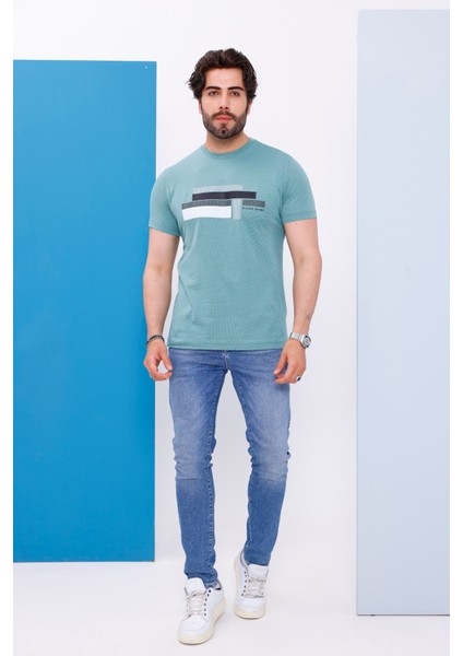Erkek Yeşil Bisiklet Yaka Baskılı T-Shirt - 170