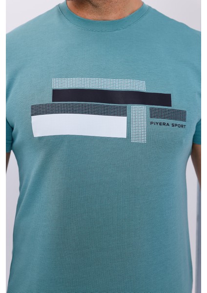 Erkek Yeşil Bisiklet Yaka Baskılı T-Shirt - 170