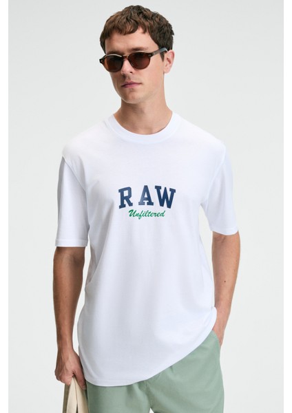 Tasty Erkek %100 Pamuk Oversize Fit Baskılı Kısa Kollu Yuvarlak Yakalı Beyaz T-Shirt