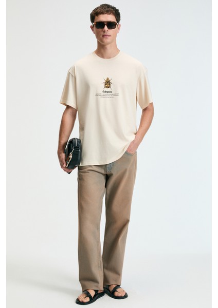 Bold Erkek %100 Pamuk Oversize Fit Baskılı Kısa Kollu Yuvarlak Yakalı Vanilya T-Shirt