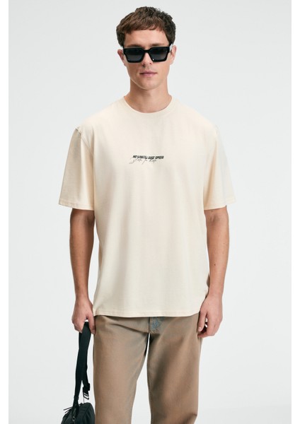 Tasty Erkek %100 Pamuk Oversize Fit Baskılı Kısa Kollu Yuvarlak Yakalı Vanilya T-Shirt