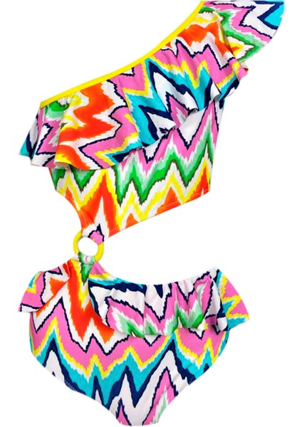 Tek Omuz Zig-Zag Desenli Cut-Out Halka Detaylı 50UV Kız Çocuk Mayo By Nessi Byrd