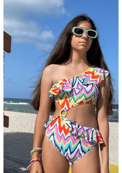 Tek Omuz Zig-Zag Desenli Cut-Out Halka Detaylı 50UV Kız Çocuk Mayo By Nessi Byrd