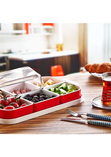 6 Bölmeli Kırmızı Kahvaltı Tabak Seti, Şık Sunum ve Servis İçin Ideal