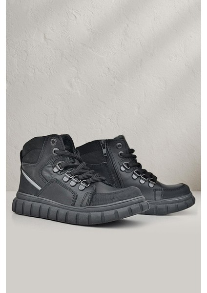 Hakiki Deri Siyah Fermuarlı Siyah Tabanlı Erkek Çocuk Bot