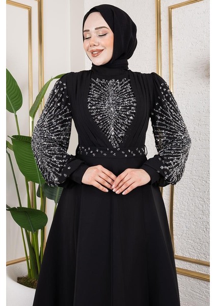Taş Işlemeli Şifon Abiye Siyah