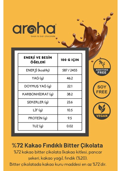 Altılı Avantaj Paket. %72 Kakao Fındıklı Bitter Çikolata 100 g x 6 Adet
