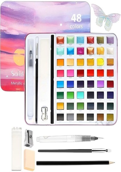 Tablet Sulu Boya 48 Renk Teneke Kutu 1 Paket 48 Li Taş Sulu Boya Çıkarılabilir Tablet Suluboya Resim Hobi Sanat
