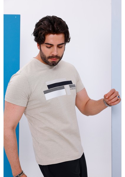 Erkek Bej Bisiklet Yaka Baskılı T-Shirt - 170