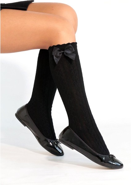 Dafne Fiyonklu Viskon Çocuk Dizaltı Çorap Siyah