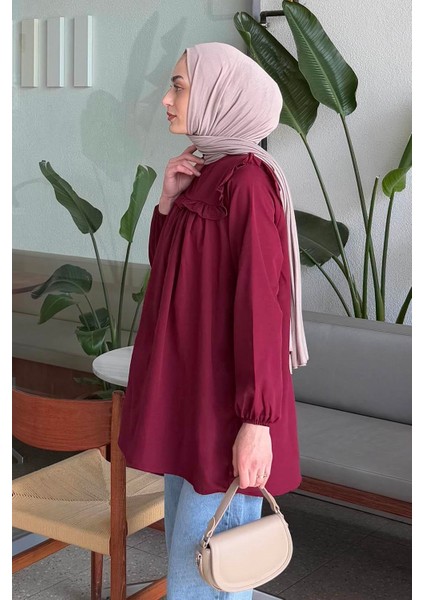 Bisiklet Yaka Omuz Fırfırlı Tunik Bordo
