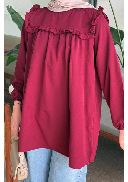 Bisiklet Yaka Omuz Fırfırlı Tunik Bordo