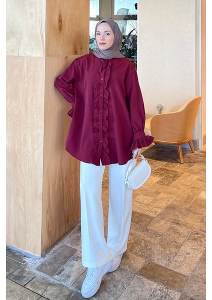 Flores Fırfırlı Tunik Bordo