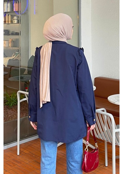 Hakim Yaka Önü Pileli Tunik Lacivert