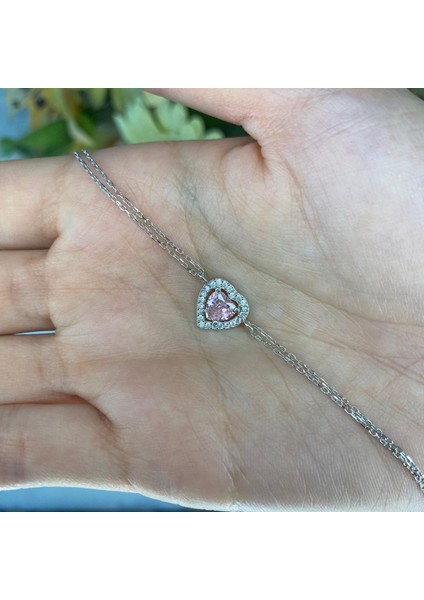 925 Ayar Gümüş Pembe Kalpli Tektaş Bileklik fiyatları