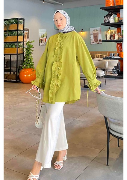 Flores Fırfırlı Uzun Kol Yağ Yeşili Oversize Tunik Kadın Giyim Dokuma Kumaş