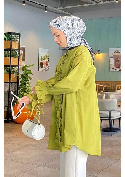 Flores Fırfırlı Uzun Kol Yağ Yeşili Oversize Tunik Kadın Giyim Dokuma Kumaş fiyatları