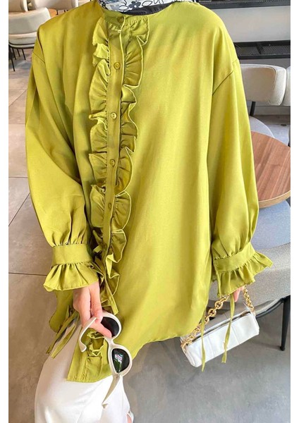 Flores Fırfırlı Uzun Kol Yağ Yeşili Oversize Tunik Kadın Giyim Dokuma Kumaş modelleri