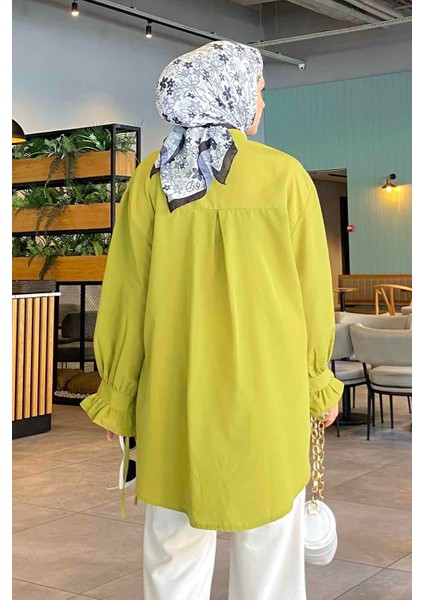 Flores Fırfırlı Uzun Kol Yağ Yeşili Oversize Tunik Kadın Giyim Dokuma Kumaş fırsatları