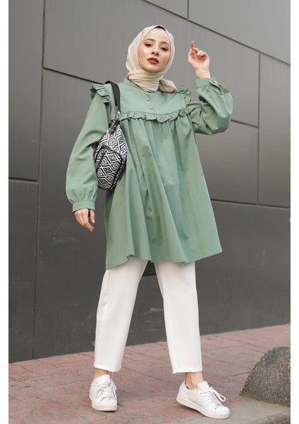 Hakim Yaka Önü Pileli Tunik Çağla Yeşili