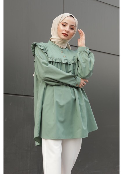 Hakim Yaka Önü Pileli Tunik Çağla Yeşili modelleri