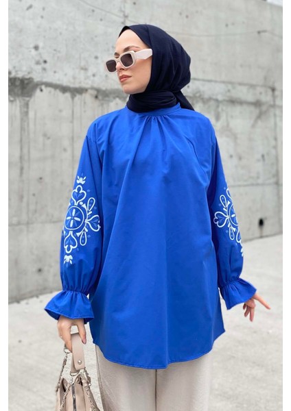 Kol Nakışlı Tunik Mavi
