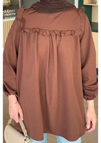 Bisiklet Yaka Omuz Fırfırlı Tunik Çikolata Kahve modelleri