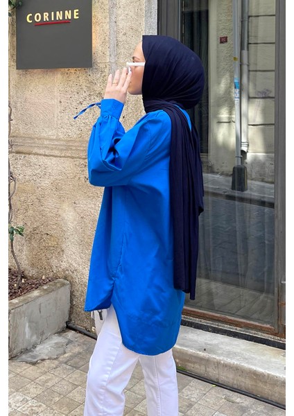 Manşeti Biyeli Tunik Saks Mavisi