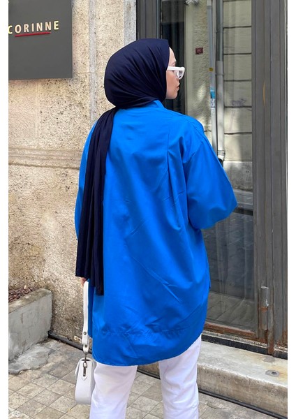 Manşeti Biyeli Tunik Saks Mavisi