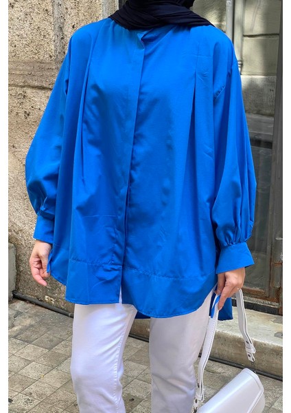 Manşeti Biyeli Tunik Saks Mavisi