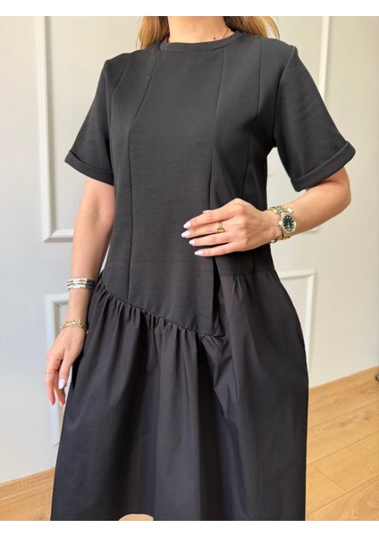 Siyah Etek Ucu Poplin Elbise