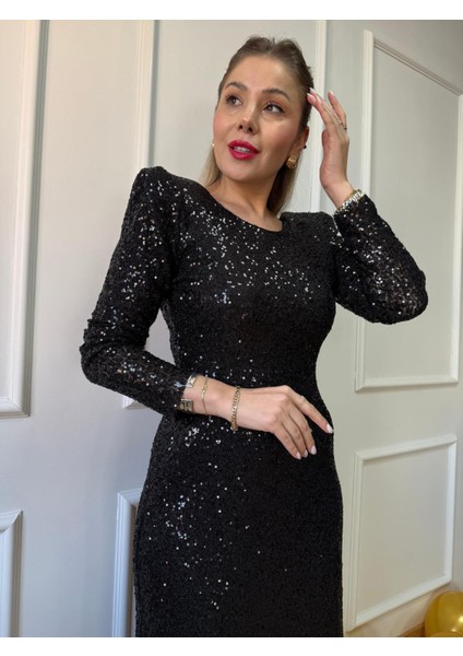 Siyah Sırt Dekolteli Payetli Elbise fırsatları