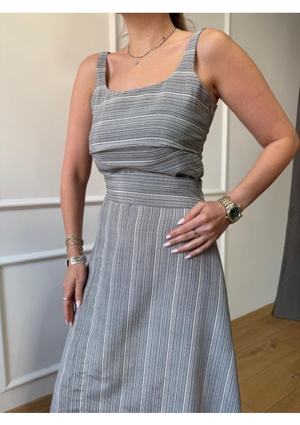 Çizgili Kare Yaka Keten Elbise