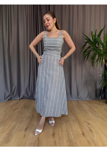 Çizgili Kare Yaka Keten Elbise fiyatları