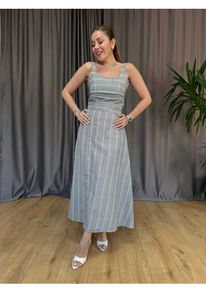 Çizgili Kare Yaka Keten Elbise fırsatları