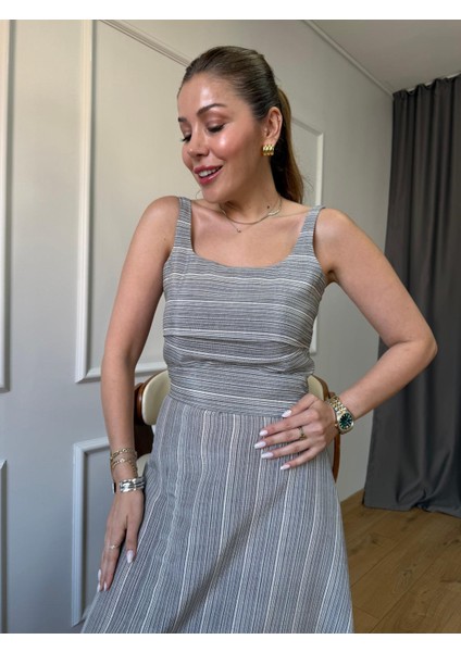 Çizgili Kare Yaka Keten Elbise indirimleri