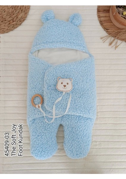 03 Yenidoğan Kulaklı Şapkalı Açılır Kucaklı Cırt Kapamalı Ayaklı Bebek Battaniyesi Kundak Mavi