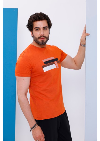 Erkek Kiremit Bisiklet Yaka Baskılı T-Shirt - 170 modelleri