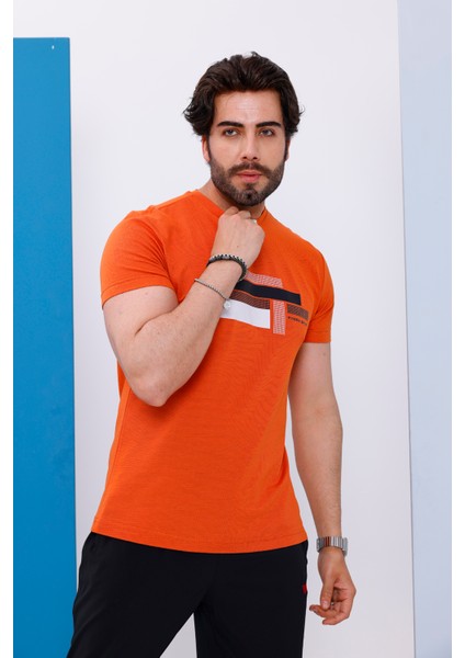 Erkek Kiremit Bisiklet Yaka Baskılı T-Shirt - 170 indirimleri