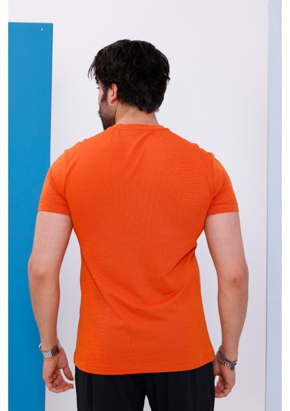 Erkek Kiremit Bisiklet Yaka Baskılı T-Shirt - 170