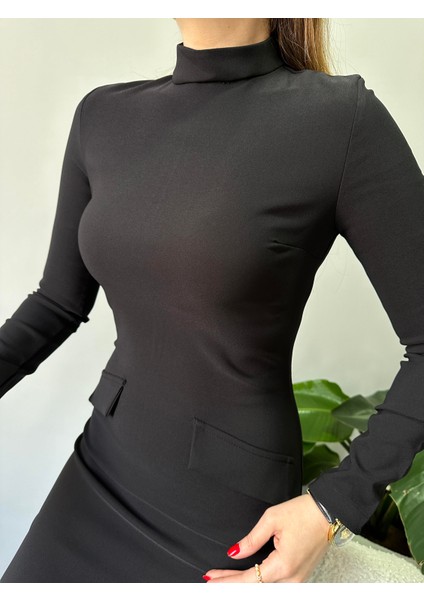 Siyah Cep Kapaklı Elbise