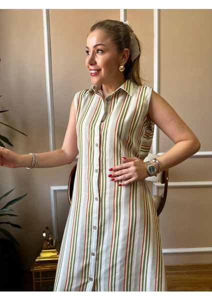 Haki Çizgili Arka Büzgülü Elbise
