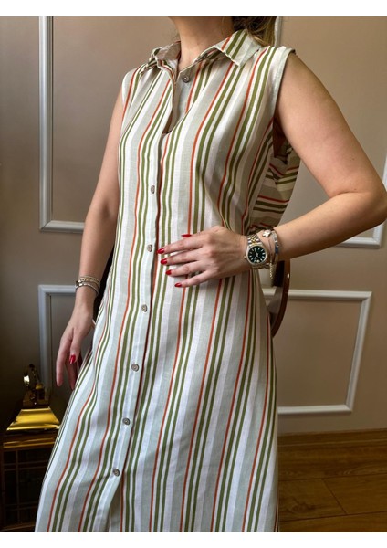 Haki Çizgili Arka Büzgülü Elbise fiyatları