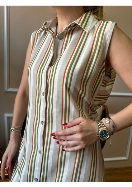 Haki Çizgili Arka Büzgülü Elbise modelleri