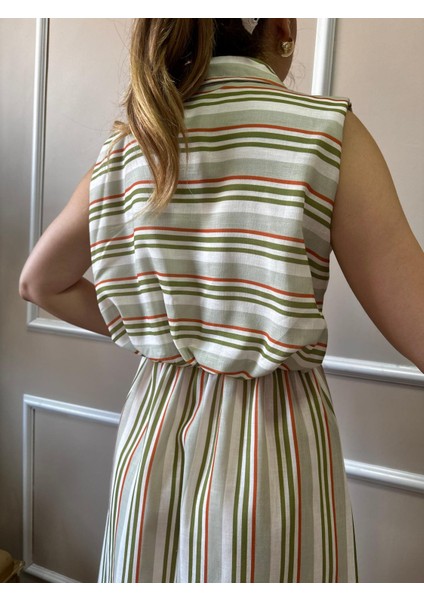 Haki Çizgili Arka Büzgülü Elbise fırsatları