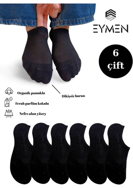 6 Çift Unisex Organik Pamuklu Dikişsiz Sneakers Çorap Siyah