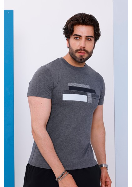 Erkek Antrasit Bisiklet Yaka Baskılı T-Shirt - 170 modelleri